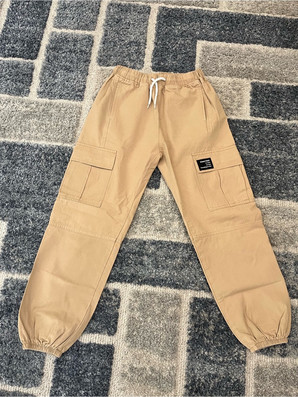 Kids Tan Cargo Jogger Pants with Drawstring Waist
